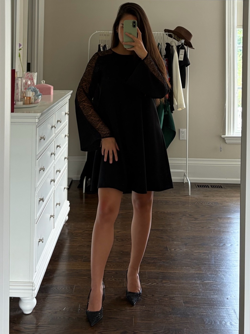ZARA Black Lace Detailed Dress With Long-Sleeves